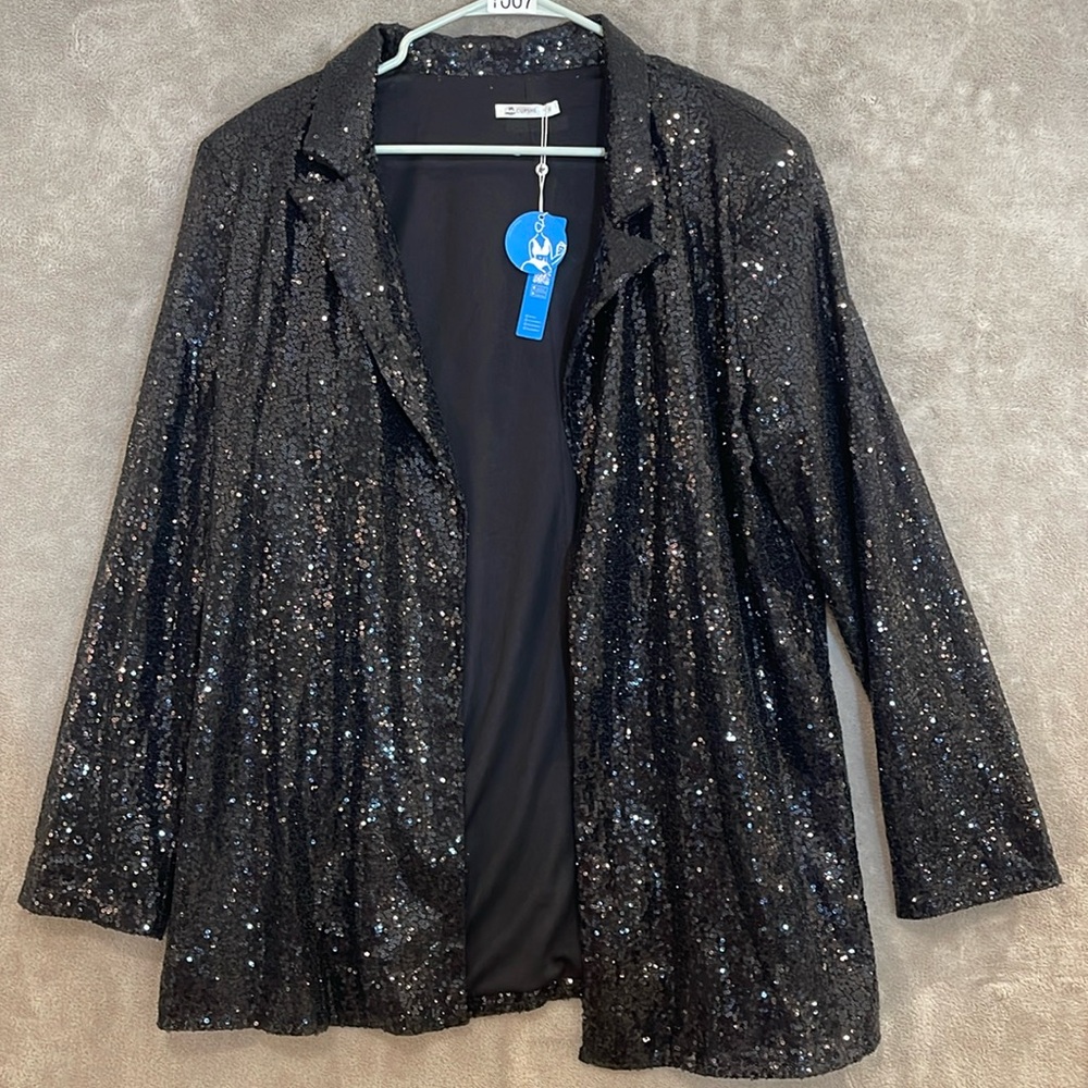NWT Cupshe Black sequined Long blazer Women’s Sz XL Open Front Graduation, Party